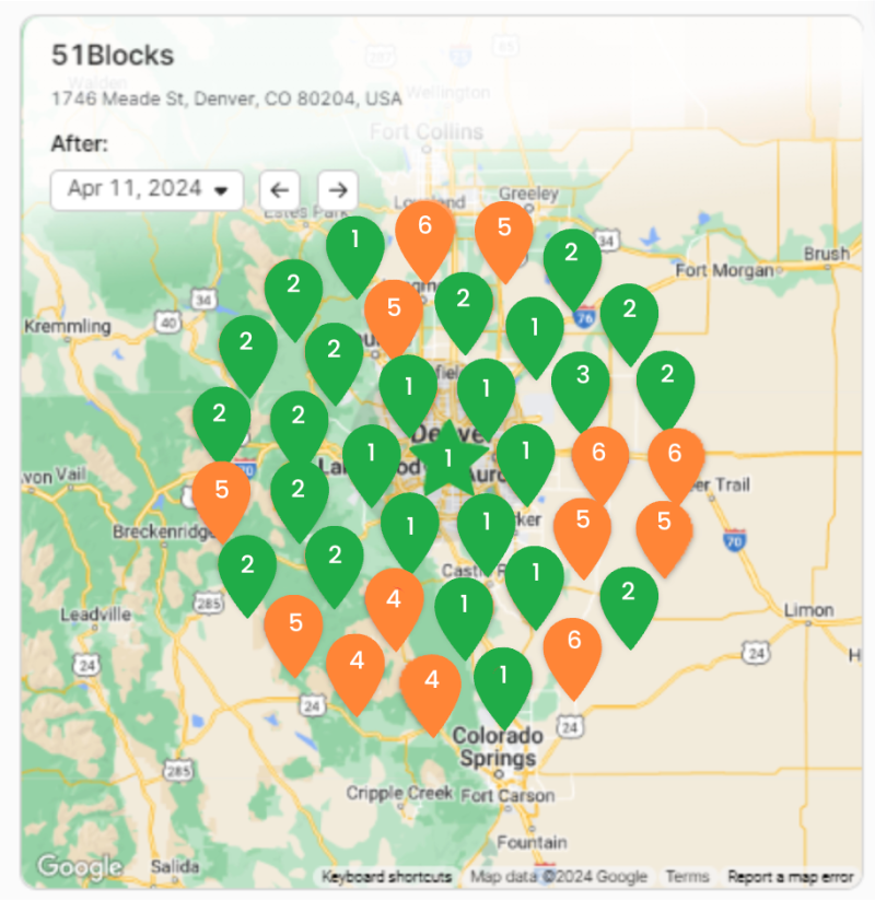 Google Maps ranking after optimization showing mostly green pins with low ranking numbers