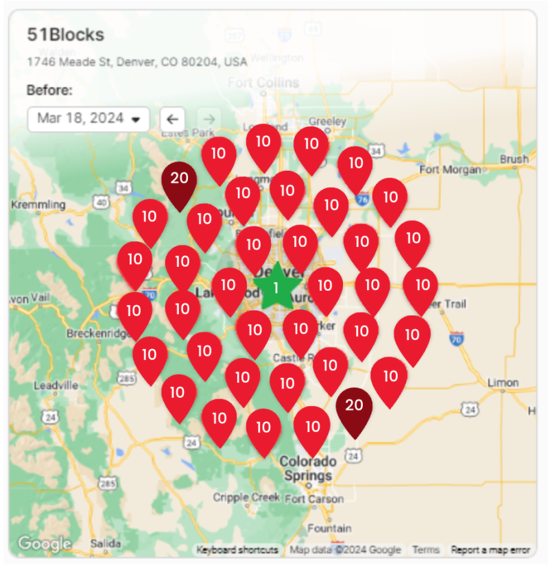 Google Maps ranking before optimization showing mostly red pins with high ranking numbers